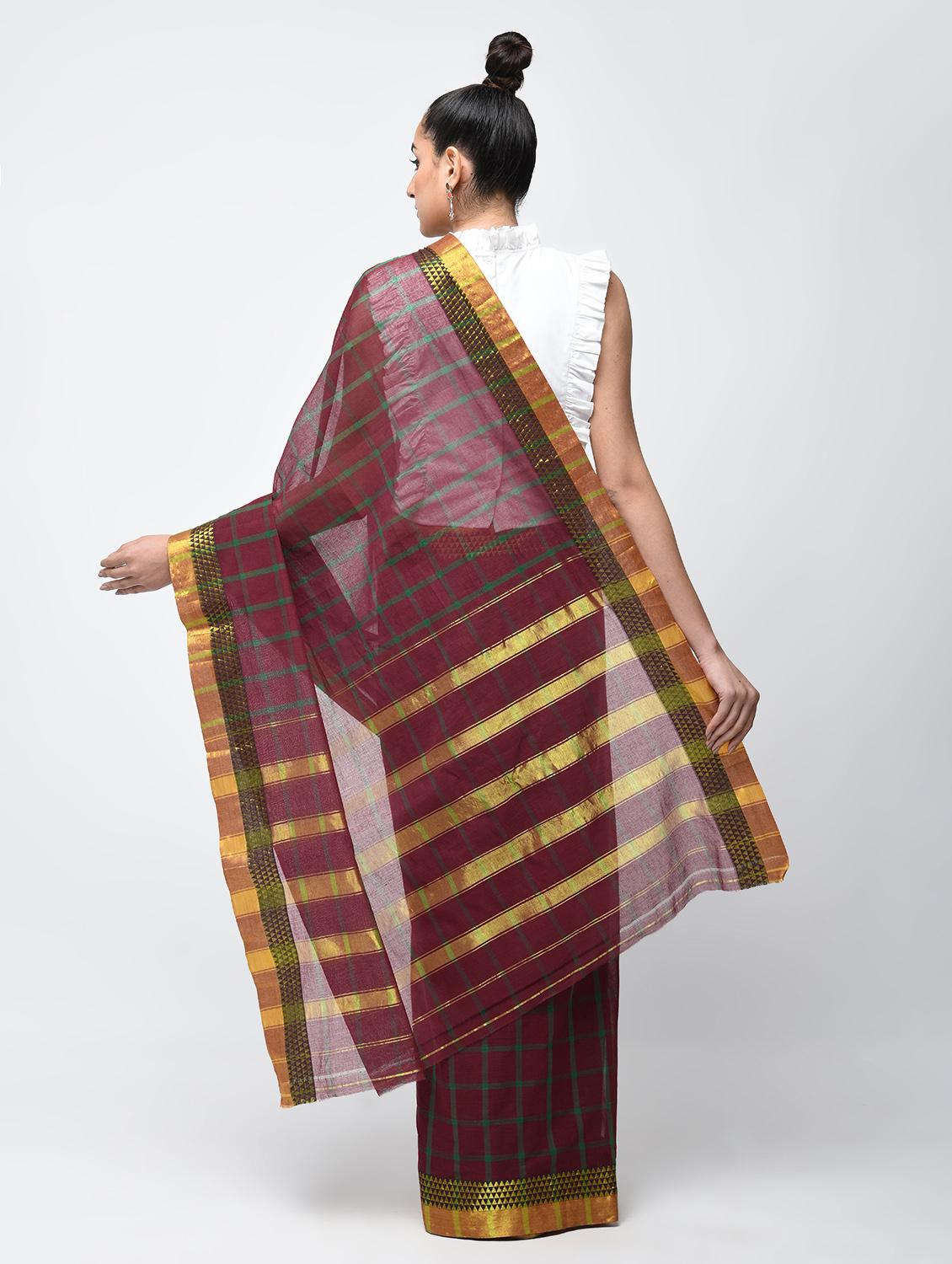 checkered maroon maheshwari saree with blouse - 15907560 - Zoom Image - 2