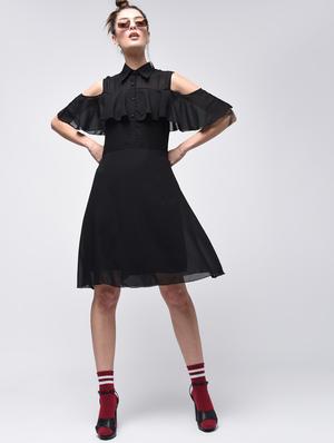 ruffled cold shoulder a-line dress - 15908189 - Standard Image - 2