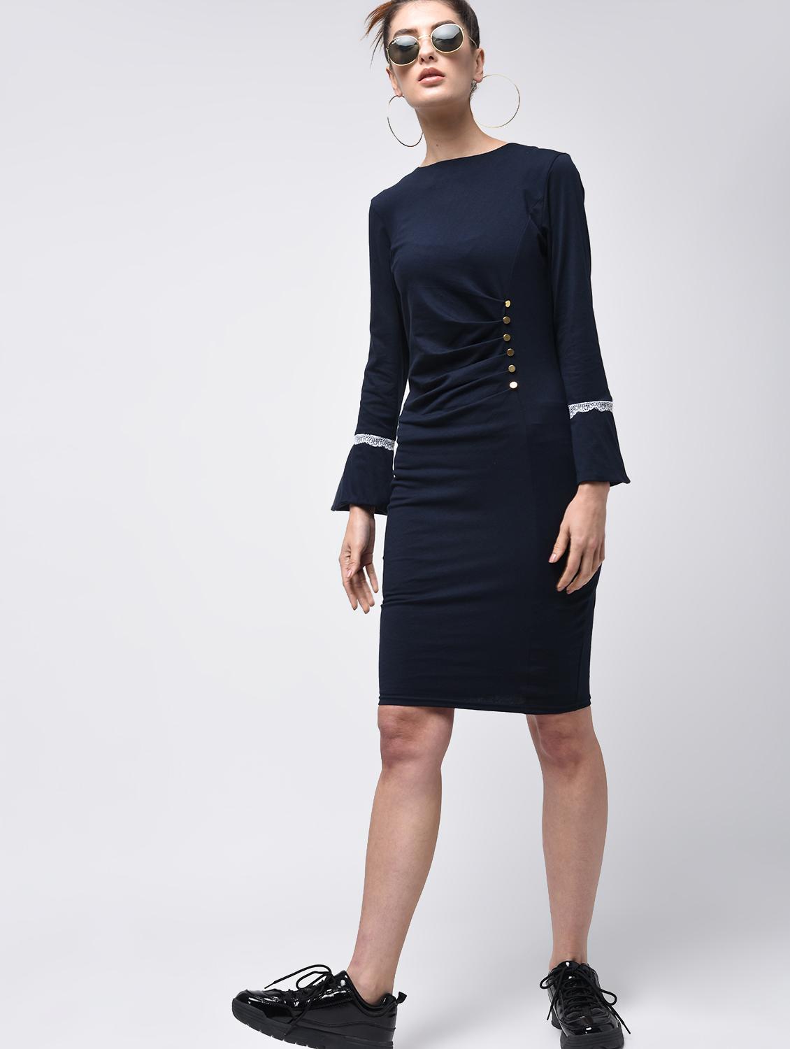 bell sleeved button detail sheath dress - 15908192 - Zoom Image - 2