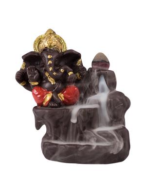 golden peacock red back flow smoke incense burner lord ganesha emblem auspicious and success red polyresin incense holder - 15914531 - Standard Image - 2