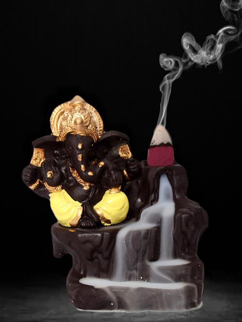 golden peacock yellow back flow smoke incense burner lord ganesha emblem auspicious and success red polyresin incense holder - 15914535 - Very Small Image - 1