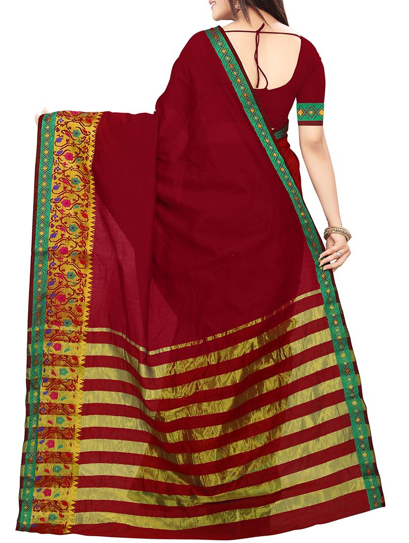 floral zari border maroon woven saree with blouse - 15922449 - Zoom Image - 2