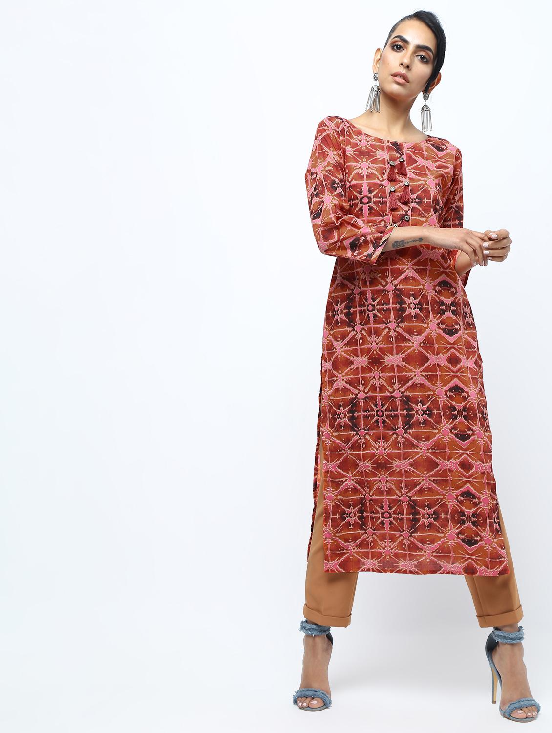 printed straight kurta with tassels - 15922552 - Zoom Image - 2