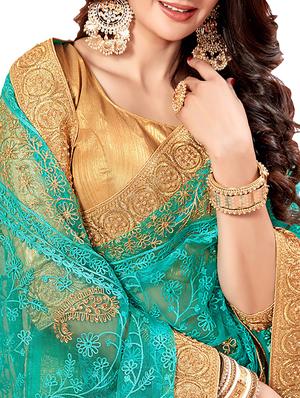 floral embroidered turquoise saree with blouse - 15923151 - Standard Image - 2