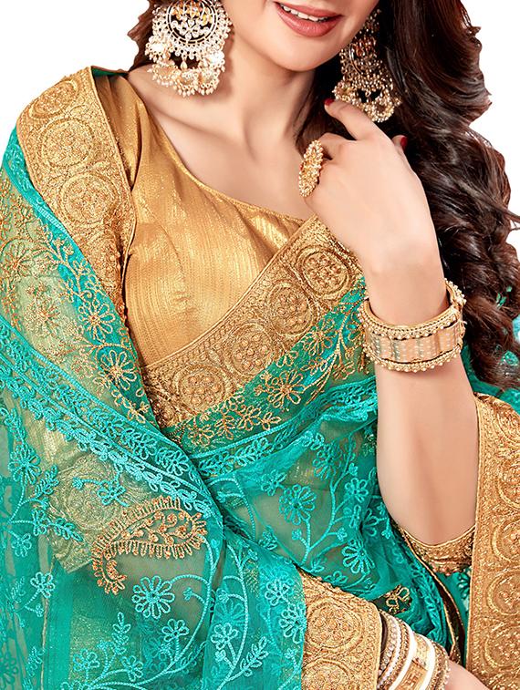 floral embroidered turquoise saree with blouse - 15923151 - Zoom Image - 2