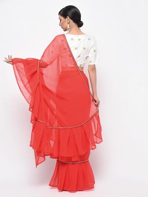 ruffle border red fusion saree with blouse - 15924764 - Standard Image - 2