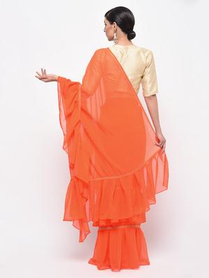 ruffle border orange fusion saree with blouse - 15924766 - Standard Image - 2