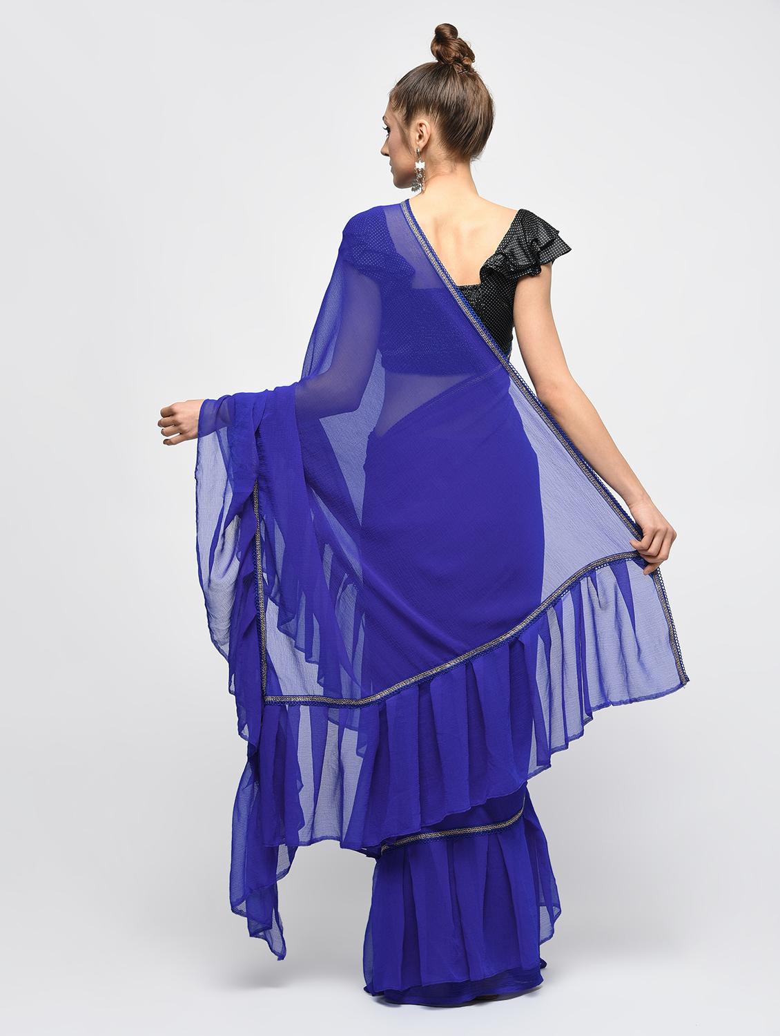 ruffle lace border blue saree with blouse - 15924767 - Zoom Image - 2