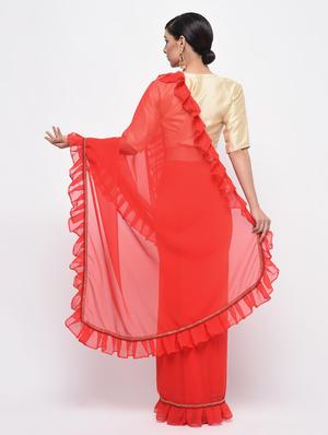 ruffle lace border red saree with blouse - 15924770 - Standard Image - 2