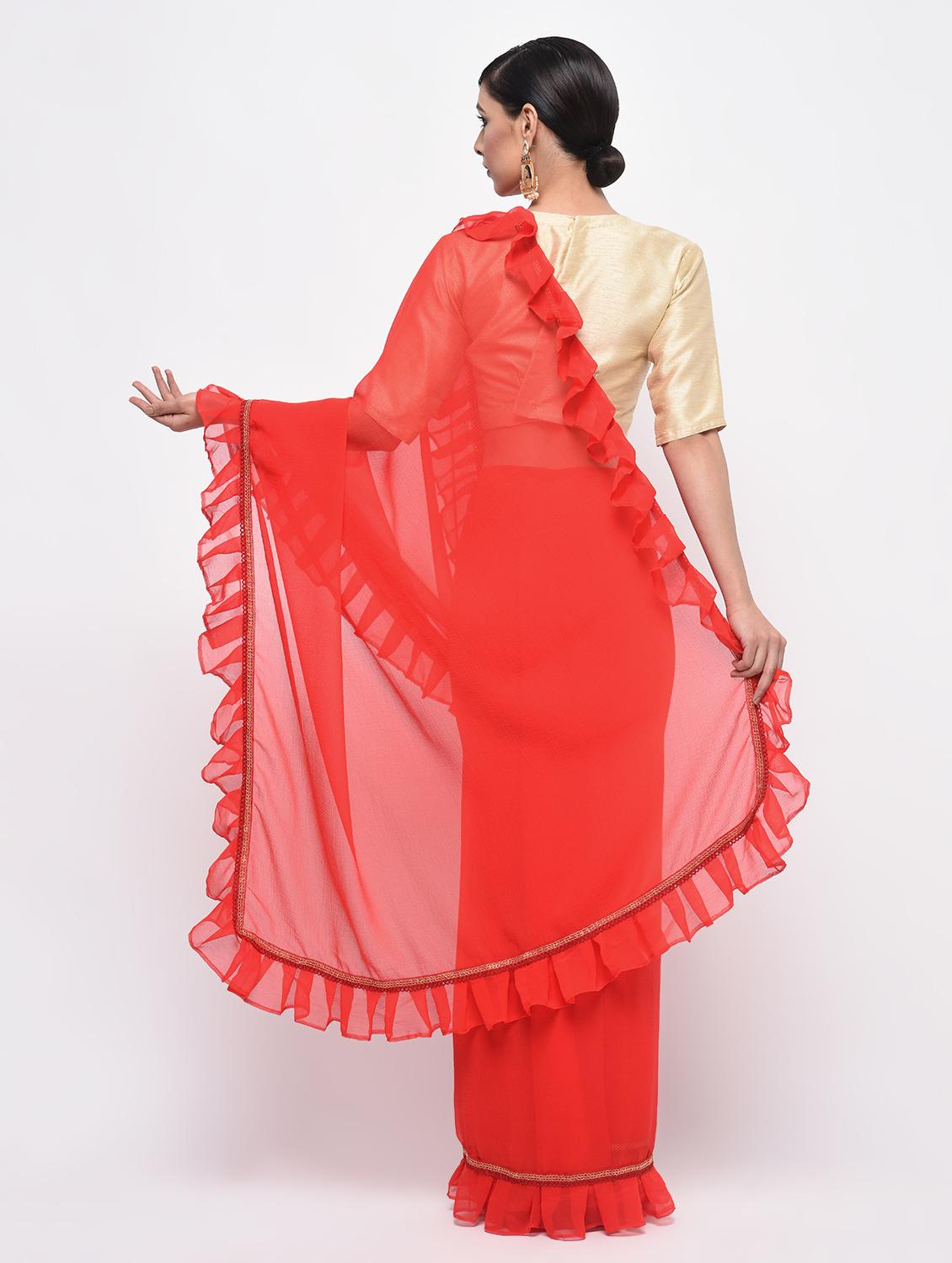 ruffle lace border red saree with blouse - 15924770 - Zoom Image - 2