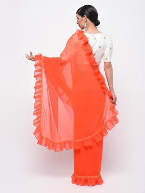 ruffle border orange fusion saree with blouse - 15924772 - Standard Image - 2