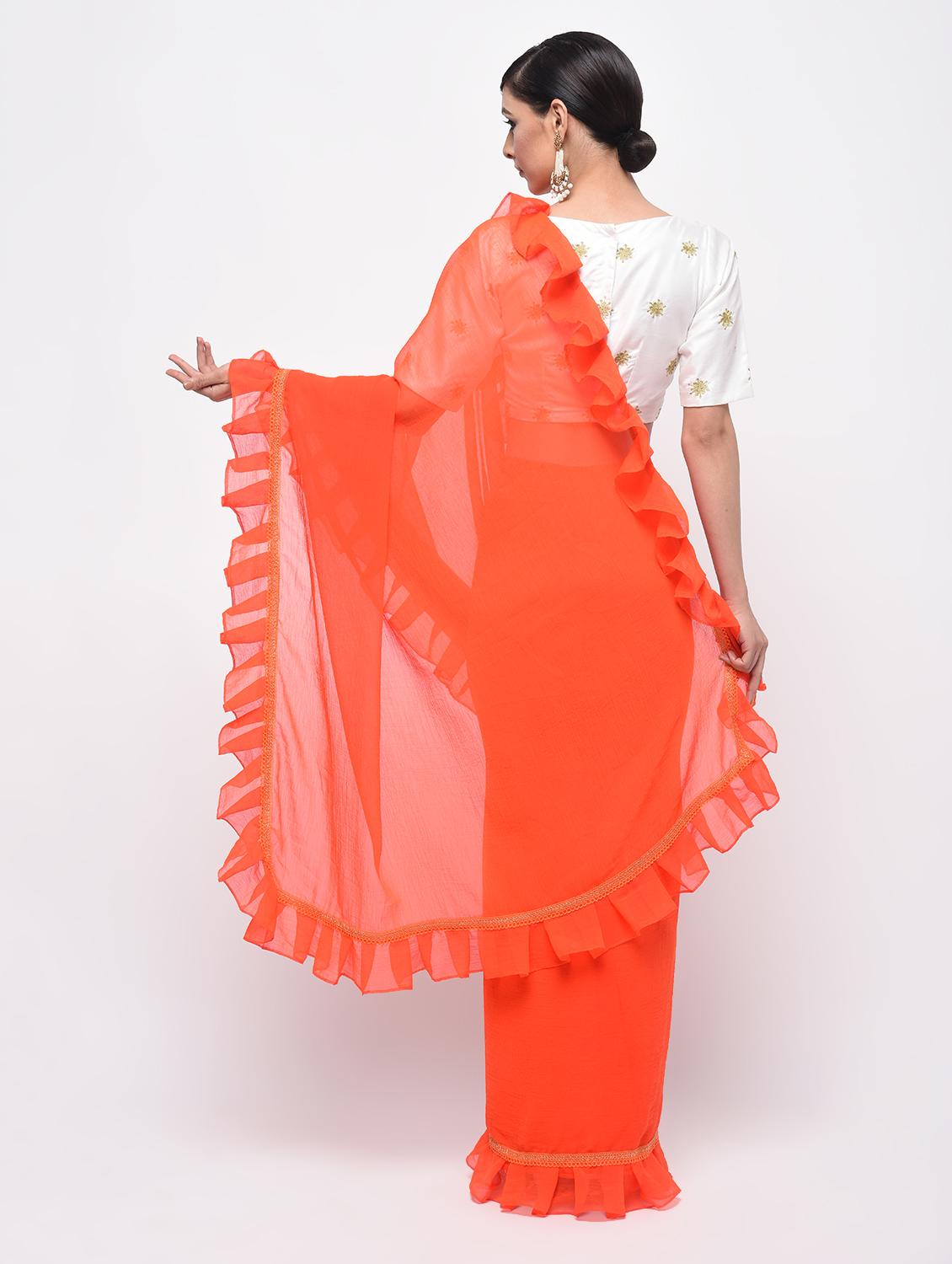 ruffle border orange fusion saree with blouse - 15924772 - Zoom Image - 2