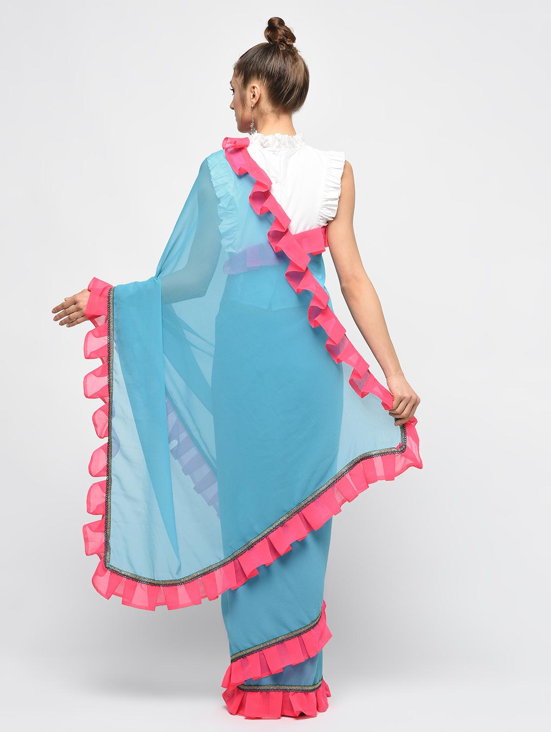 contrast ruffle border sky blue saree with blouse - 15924777 - Zoom Image - 2