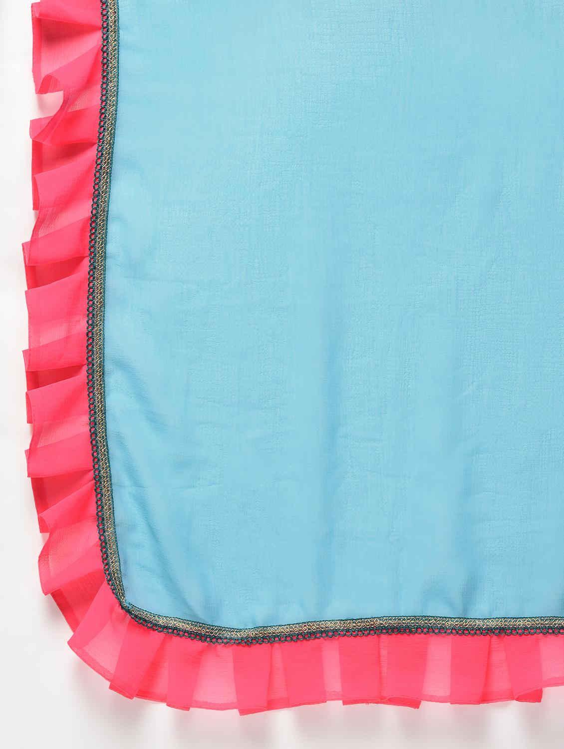 contrast ruffle border sky blue saree with blouse - 15924777 - Zoom Image - 5