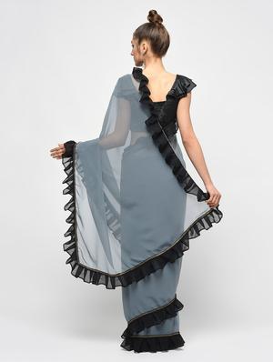 ruffle border grey saree with blouse - 15924778 - Standard Image - 2