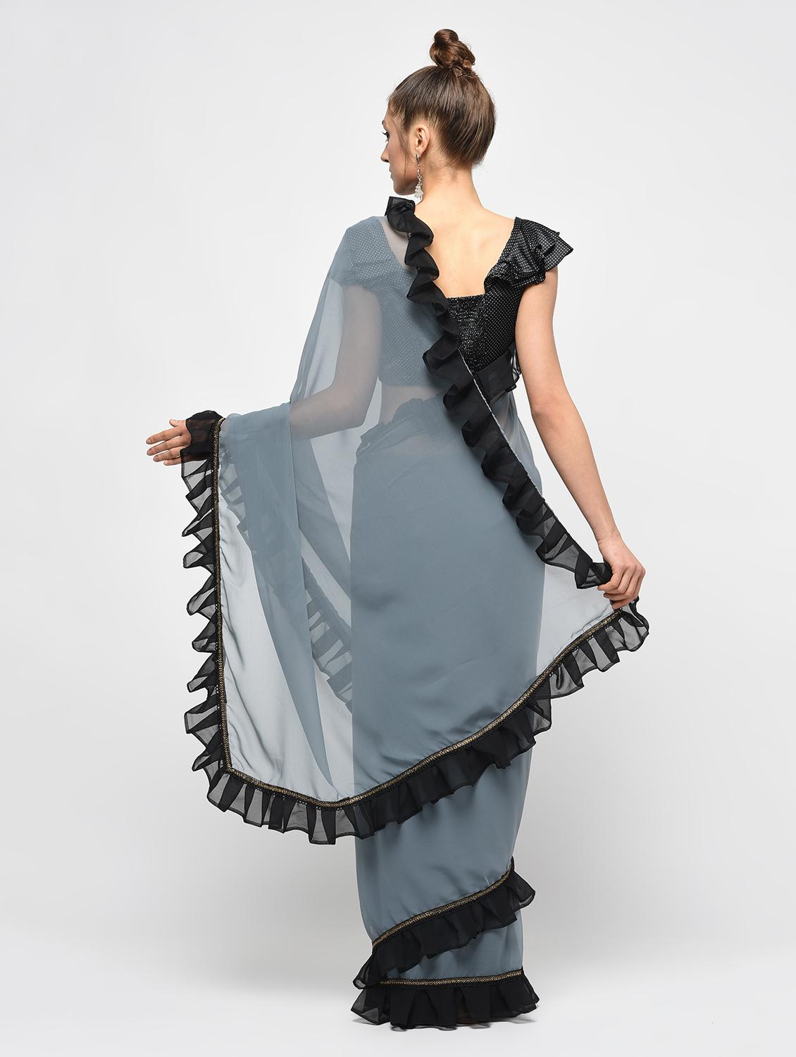 ruffle border grey saree with blouse - 15924778 - Zoom Image - 2
