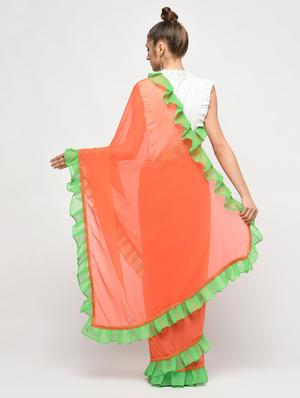 contrast ruffle border orange saree with blouse - 15924779 - Standard Image - 2