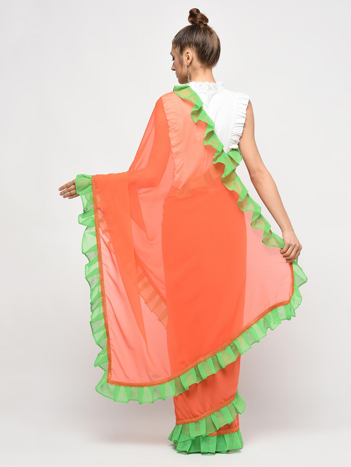 contrast ruffle border orange saree with blouse - 15924779 - Zoom Image - 2