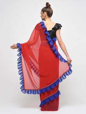 ruffle border red fusion saree with blouse - 15924780 - Standard Image - 2