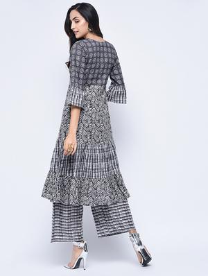 printed tiered kurta with palazzo set - 15926973 - Standard Image - 2