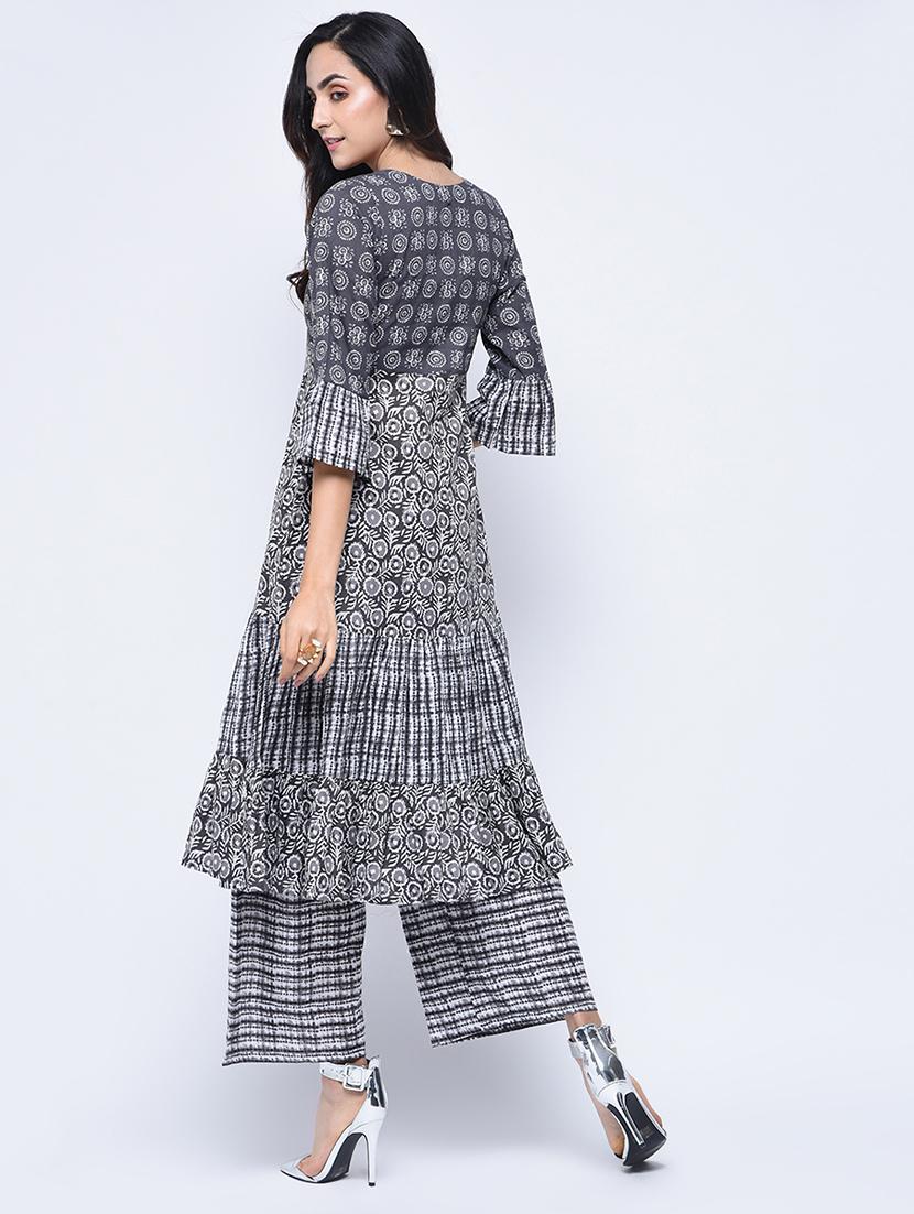 printed tiered kurta with palazzo set - 15926973 - Zoom Image - 2