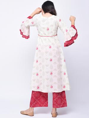 Bell sleeved block printed kurta with palazzo set - 15926975 - Standard Image - 2