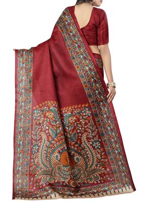 kalamkari border maroon printed saree with blouse - 15927043 - Standard Image - 2