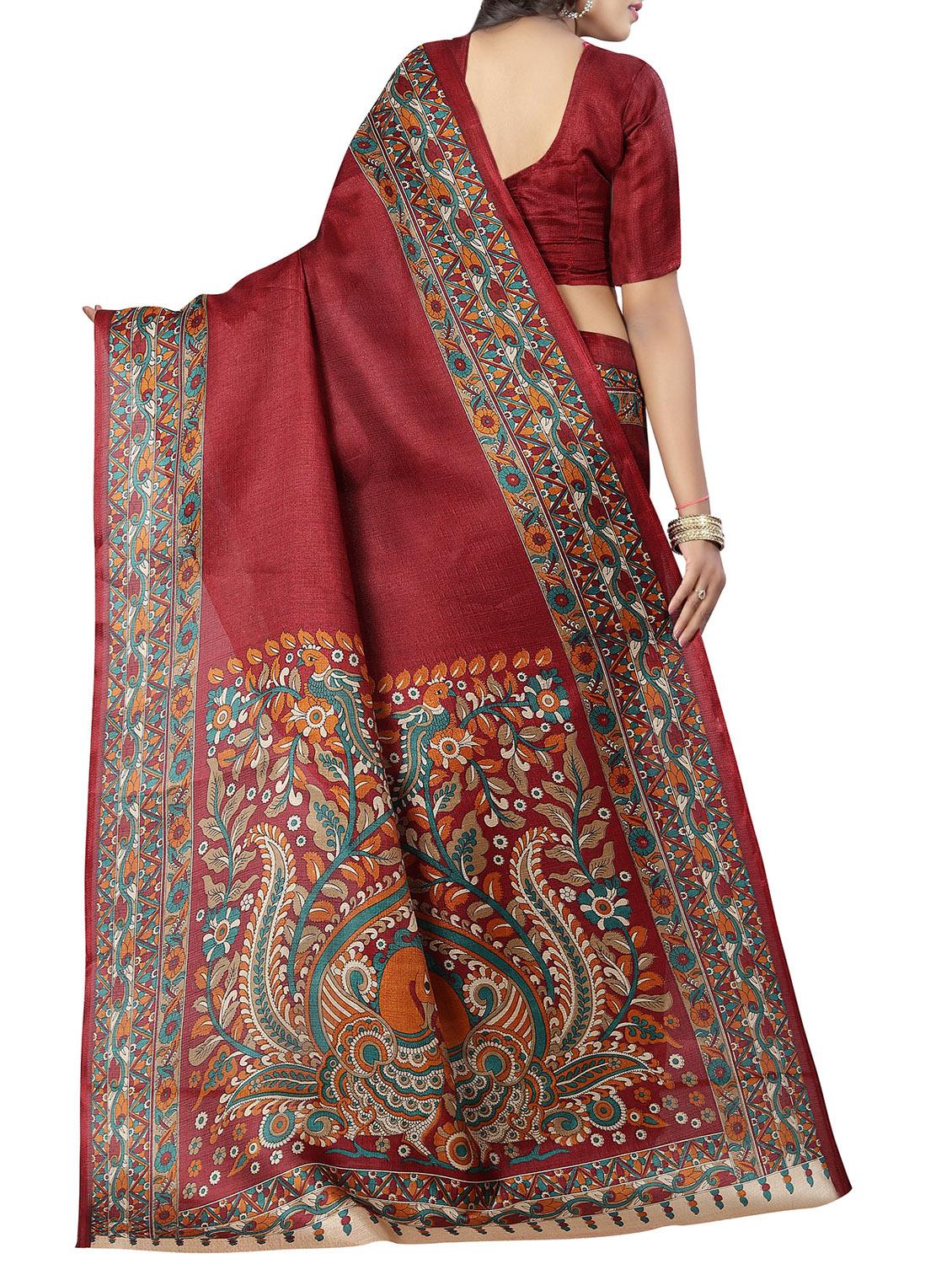 kalamkari border maroon printed saree with blouse - 15927043 - Zoom Image - 2