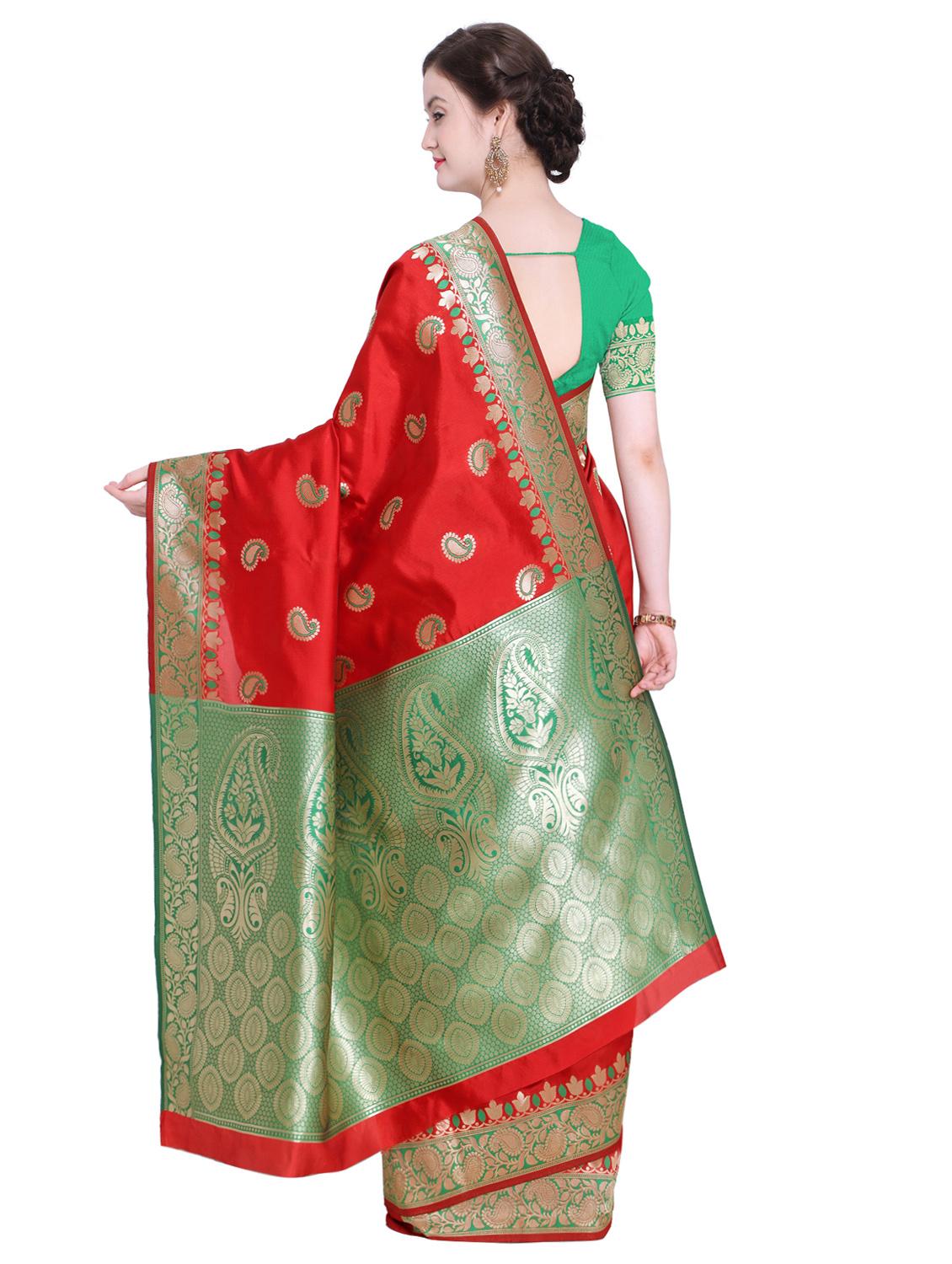 paisley zari border red banarasi saree with blouse - 15927624 - Zoom Image - 2
