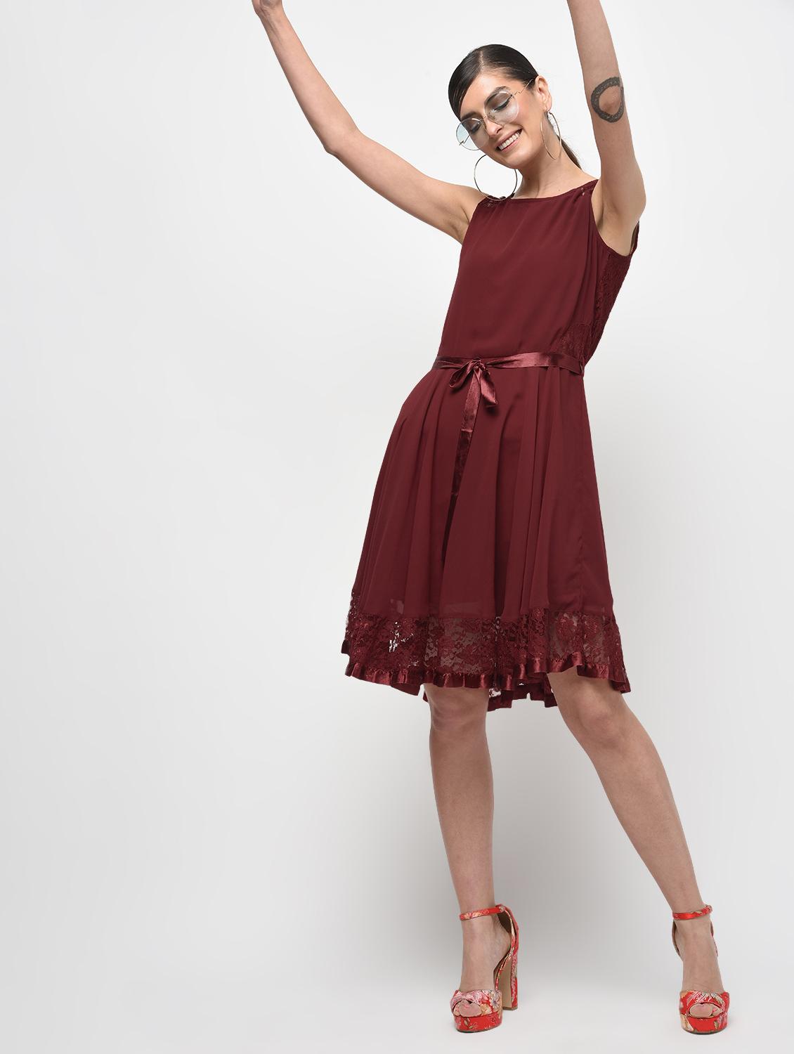 lace panel detail tie belted dress - 15928075 - Zoom Image - 2
