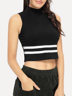 contrast striped mock neck crop top - 15932606 - Standard Image - 2