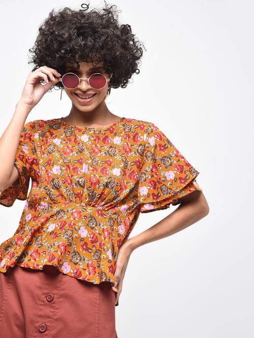 gathered floral flared sleeved top - 15936492 - Standard Image - 1