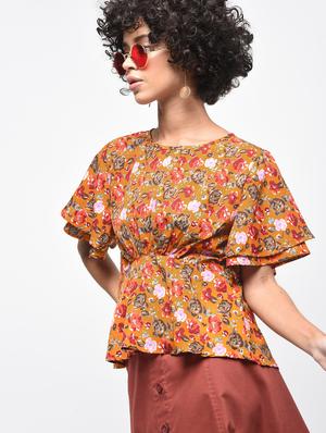 gathered floral flared sleeved top - 15936492 - Standard Image - 2