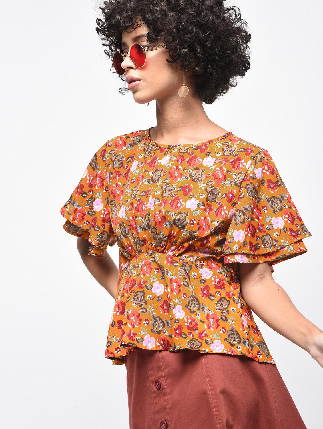 gathered floral flared sleeved top - 15936492 - Zoom Image - 2