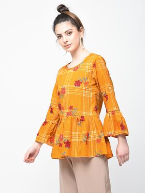 bell sleeved checkered floral top - 15936503 - Standard Image - 2