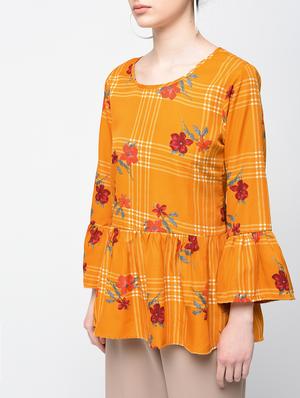 bell sleeved checkered floral top - 15936503 - Standard Image - 5