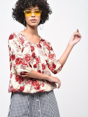 pleated neck floral blouson top - 15936506 - Standard Image - 2