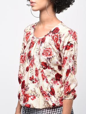 pleated neck floral blouson top - 15936506 - Standard Image - 5