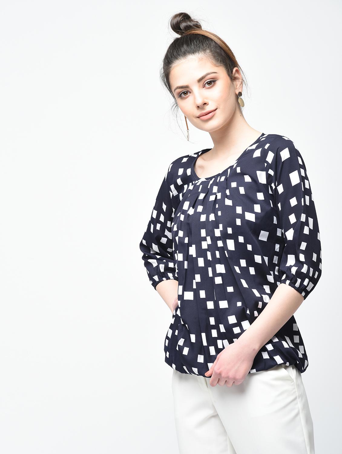 pleated neck geometric blouson top - 15936508 - Zoom Image - 2