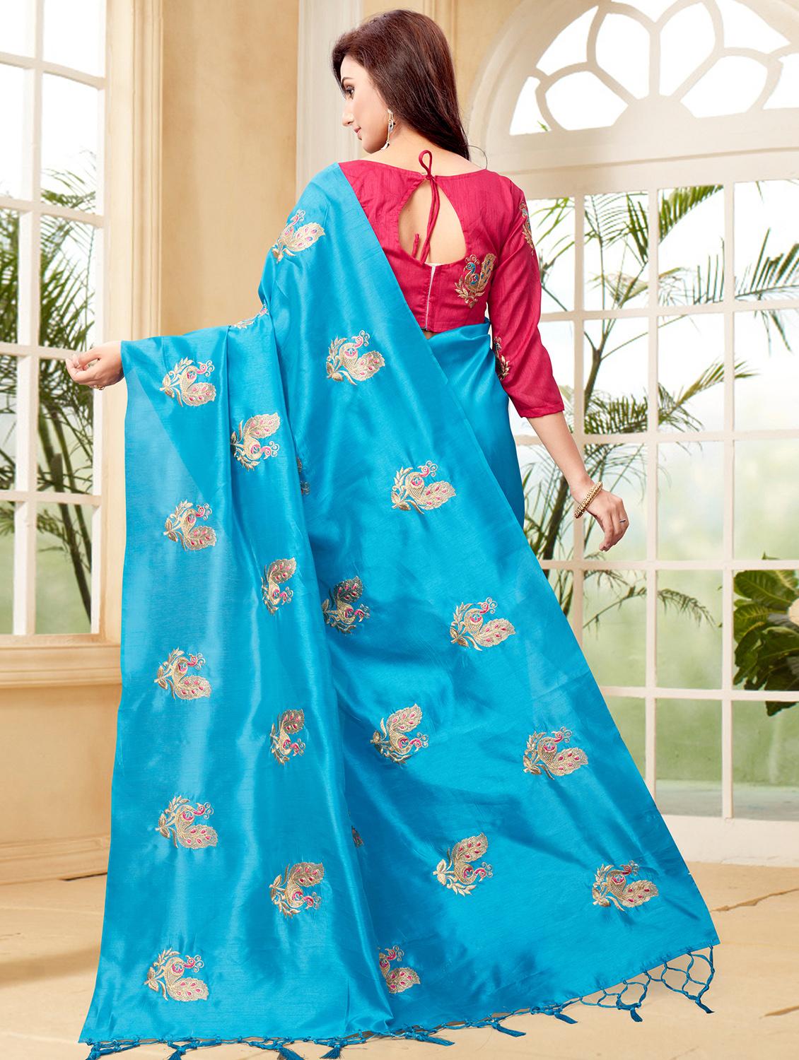 conversational royal blue embroidered saree with blouse - 15936728 - Zoom Image - 2