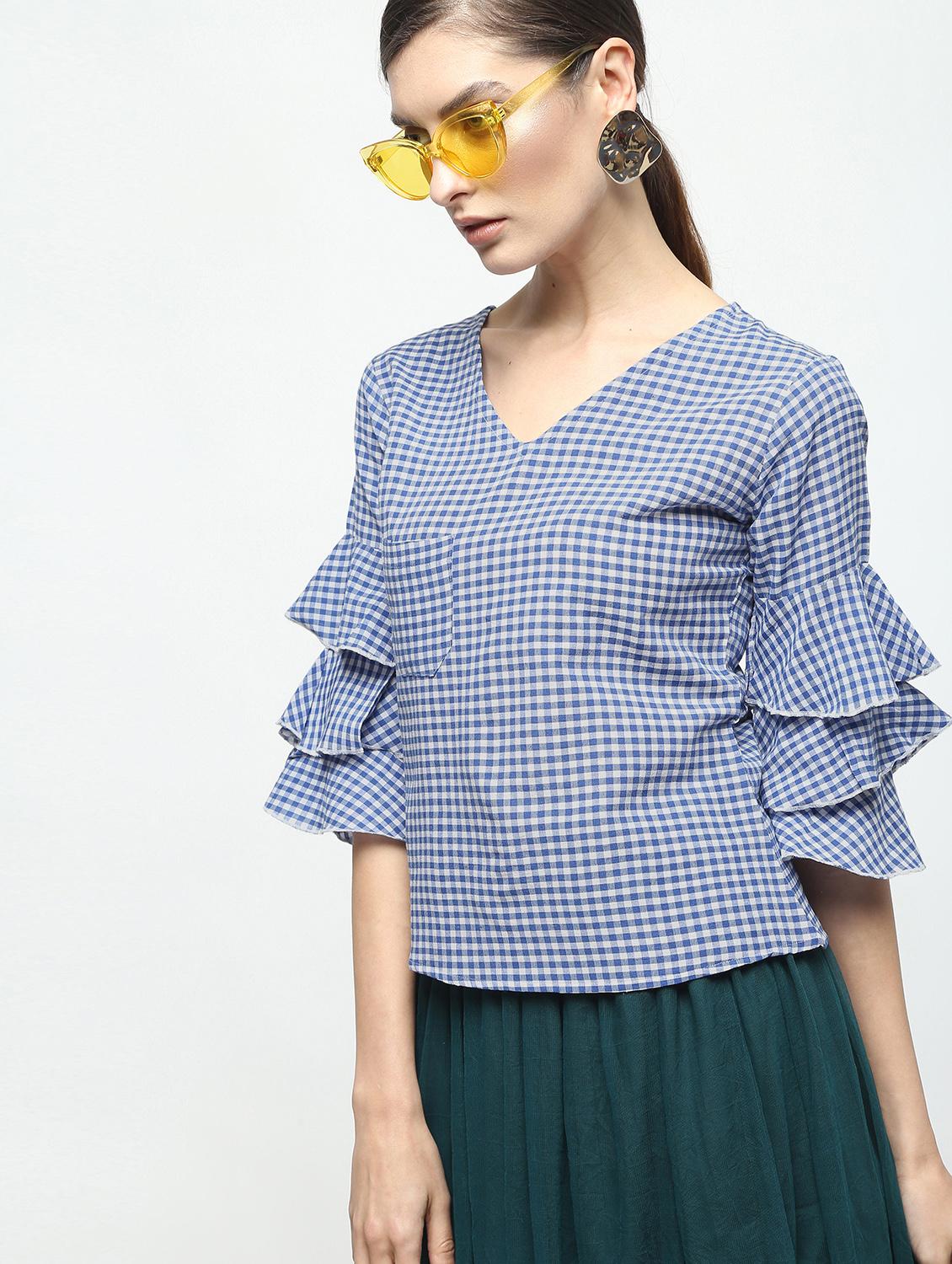 ruffled bell sleeved checkered top - 15938606 - Zoom Image - 2