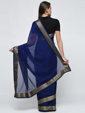 zari border navy blue saree with blouse - 15940658 - Standard Image - 2