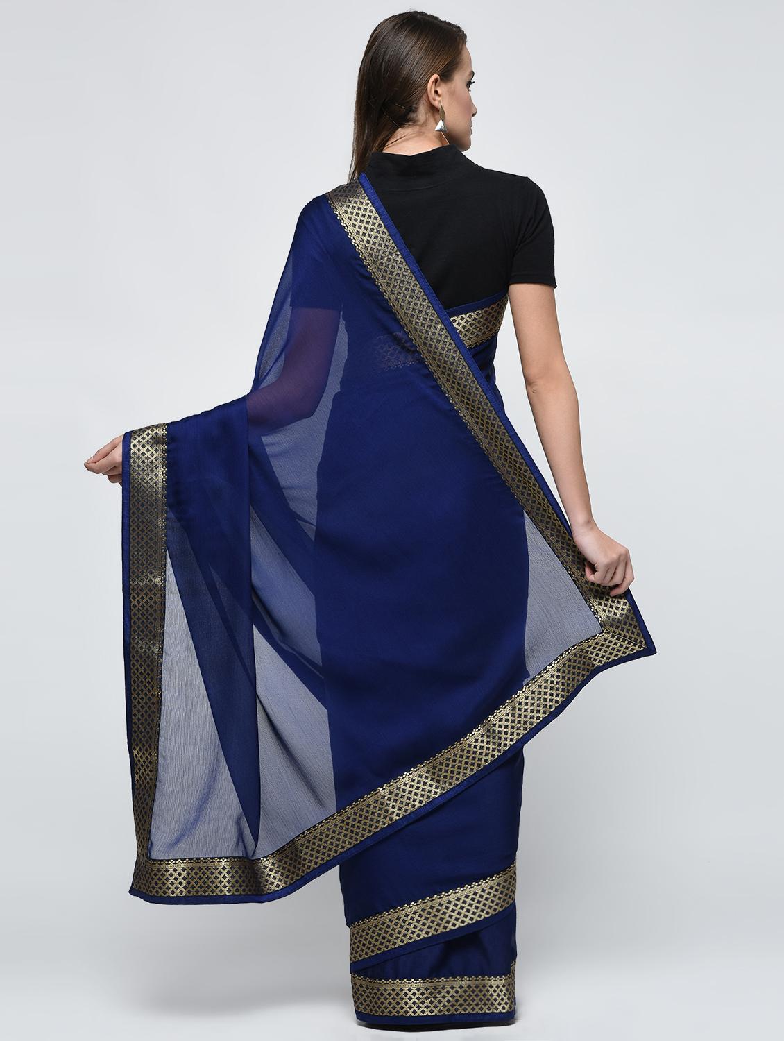 zari border navy blue saree with blouse - 15940658 - Zoom Image - 2