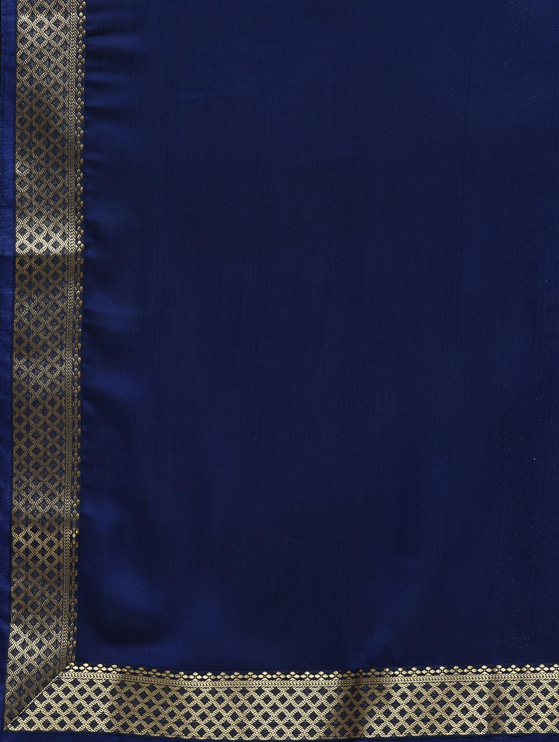 zari border navy blue saree with blouse - 15940658 - Zoom Image - 5