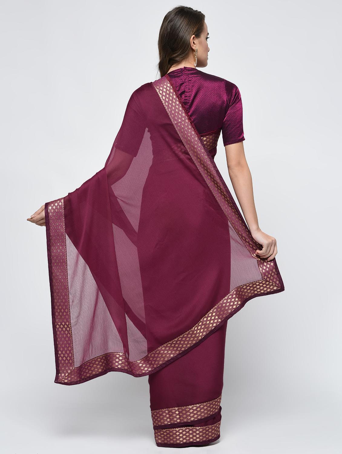 zari border burgundy saree with blouse - 15940659 - Zoom Image - 2