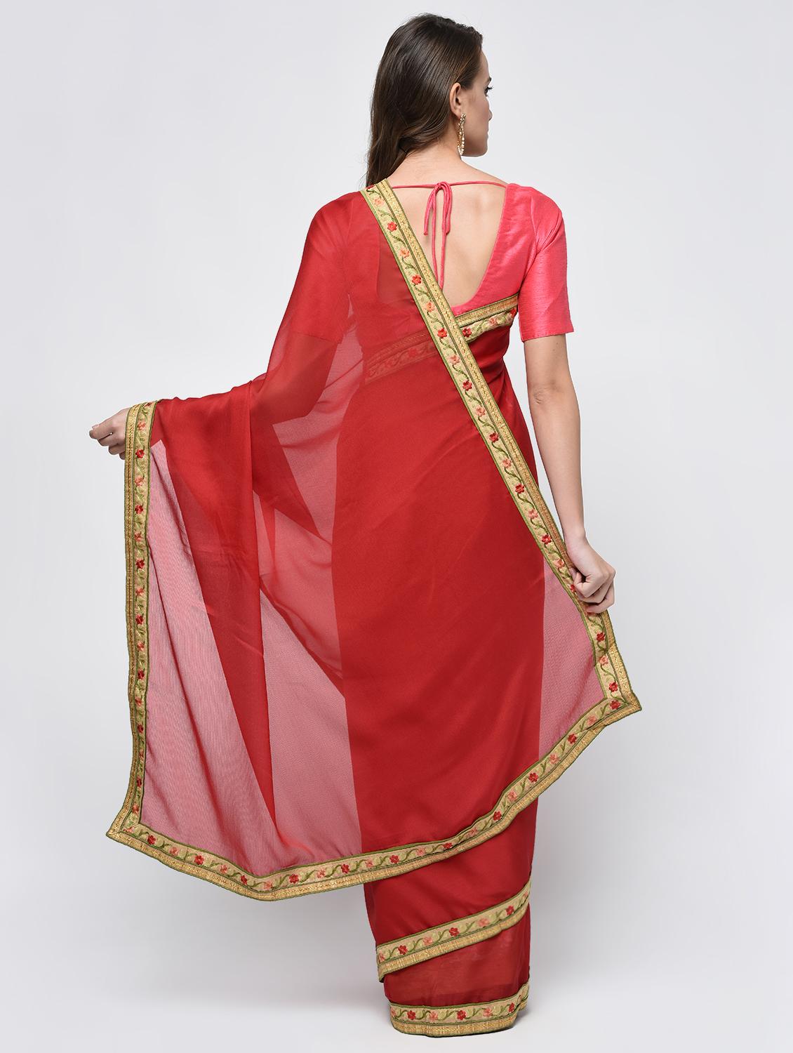floral embroidered border saree with blouse - 15940675 - Zoom Image - 2