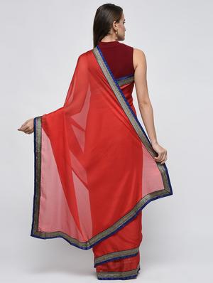 zari lace border red saree with blouse - 15940691 - Standard Image - 2