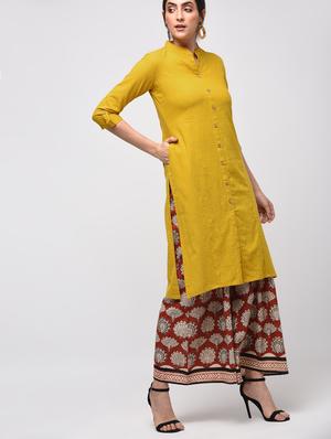 Mustard solid straight kurta - 15941753 - Standard Image - 2