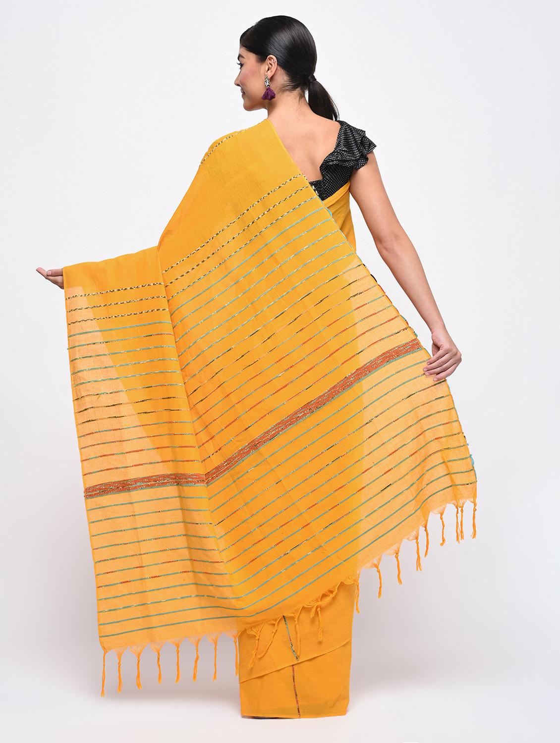 striped pallu mustard handloom saree with blouse - 15942004 - Zoom Image - 2