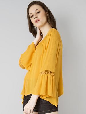 lace insert bell sleeved asymmetric top - 15943215 - Standard Image - 2